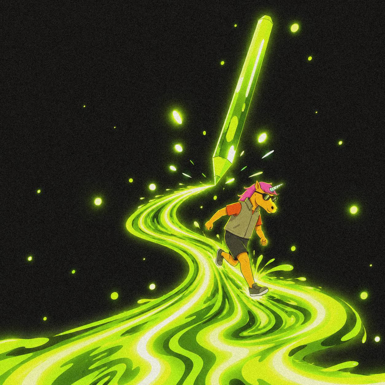 The Unicorn follows a glowing green path